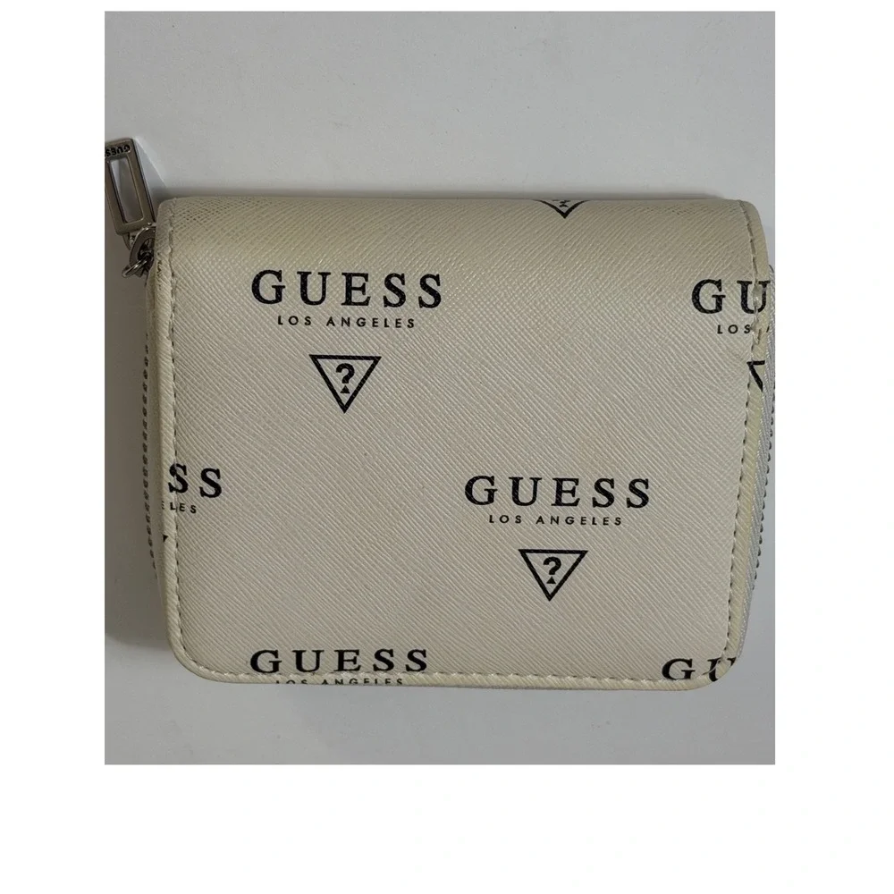 Guess Los Angeles Zip‎ Around Wallet White Logo Print Saffiano Faux Leather - Picture 9 of 11
